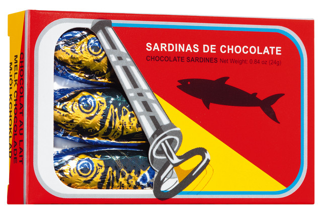 Latas de Sardinas, presentoir, sardines au chocolat au lait, presentoir, Simon Coll - 18x24g - afficher