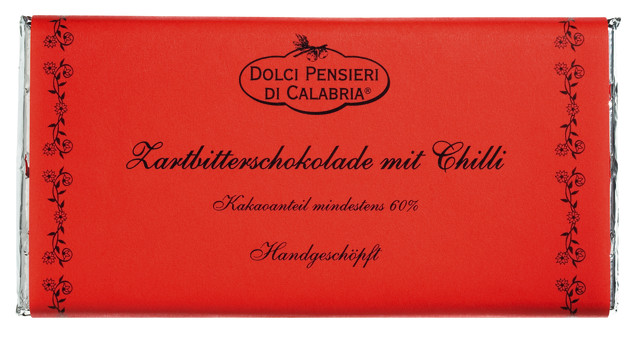 Cioccolato ekstra fondente al peperoncino, mørk chokolade med chili, dolci pensieri - 100 g - bord