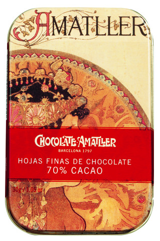 Hoja finas de chokolade 70% kakao, display, mørk chokolade kronblad, display, Amatller - 20 x 30 g - udstilling