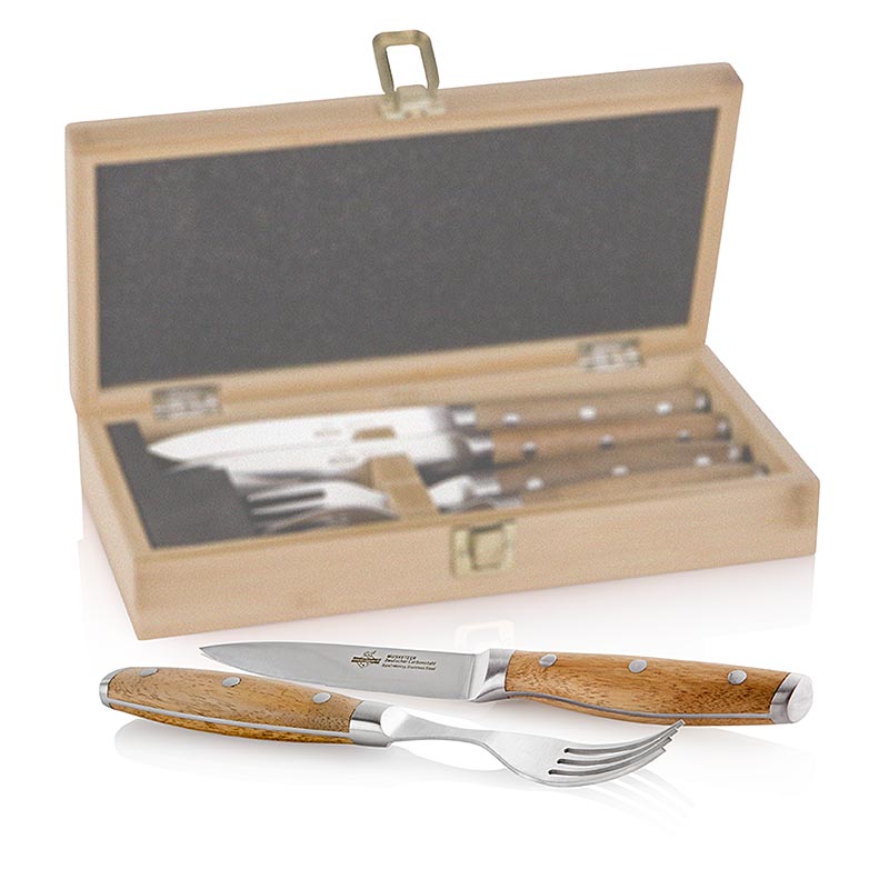 Steak Champ - set coltelli da bistecca per 2 persone, (2 coltelli + 2 forchette) - 4 pezzi - scatola di legno