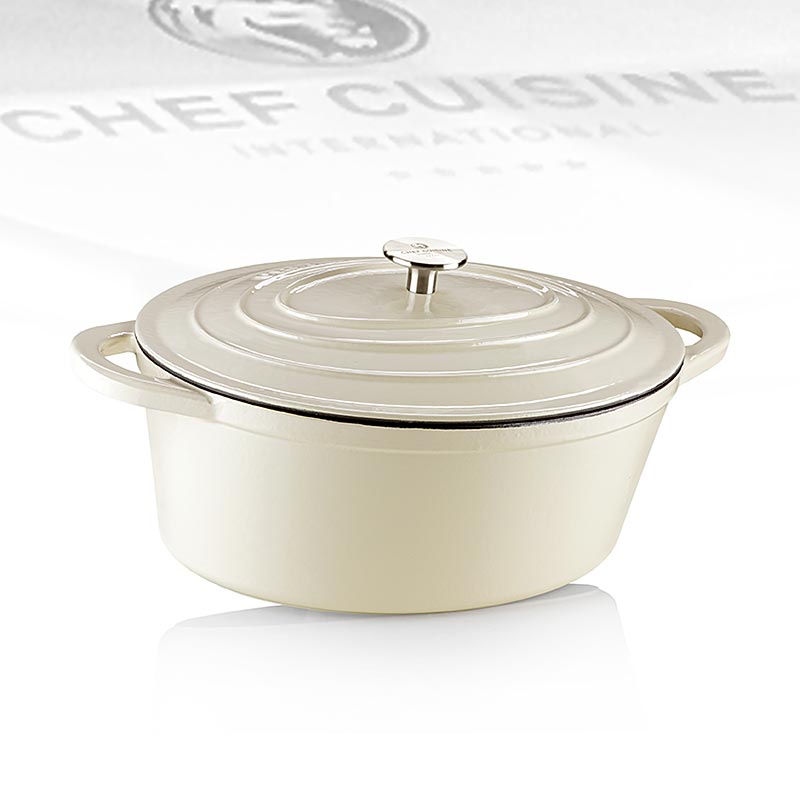 Oval stekpanna, med lock, beige, gjutjarn/emalj, Chef Cuisine - 1 st - Kartong