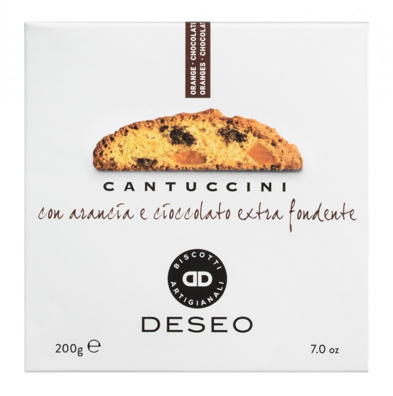 Cantuccini con arancia candita e cioccolato, Cantuccini mit kandierter Orangenschale und Schoko, Deseo - 200 g - Packung