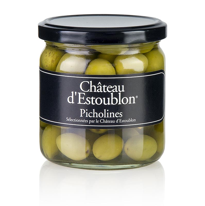 Olives vertes, a noyau, olives Picholine, dans Lac, Chateau d`Estoublon - 350g - Verre