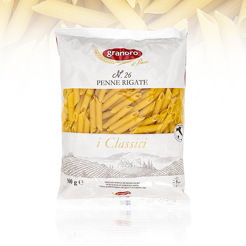 Granoro Penne Rigate, ribbet, 7 (5) mm, nr.26 - 500 g - Taske Granoro Penne Rigate, ribbet, 7 (5) mm, nr.26 - 500 g - Taske