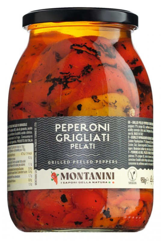 Pepperoni grigliati sott`olio, bell pepper fillets, grilled, in oil, montanini - 950 g - Glass Pepperoni grigliati sott`olio, bell pepper fillets, grilled, in oil, montanini - 950 g - Glass