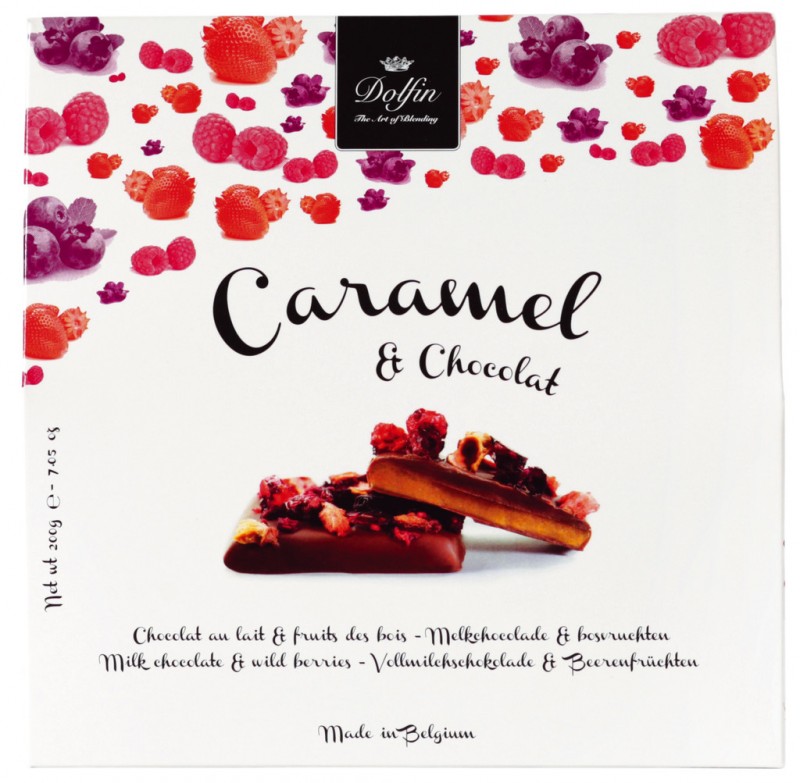 Caramel au beurre sale et fruits des bois, caramel au beurre sale aux fruits rouges, Dolfin - 200g - paquet