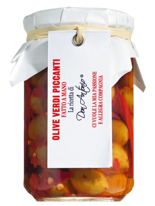 Olives verdi piccanti, olives vertes, marinees epicees, Don Antonio - 280g - Verre