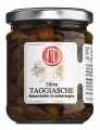 Olive Taggiasche denocciolate in extravergine, dest. Olive taggiasche al vergine. Olio extra d`oliva, Calvi - 180 g - Bicchiere