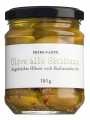 Olive schiacciate condite alla Siciliana, Crushed olives with stone, Sicilian style, Primopasto - 180 g - Glass